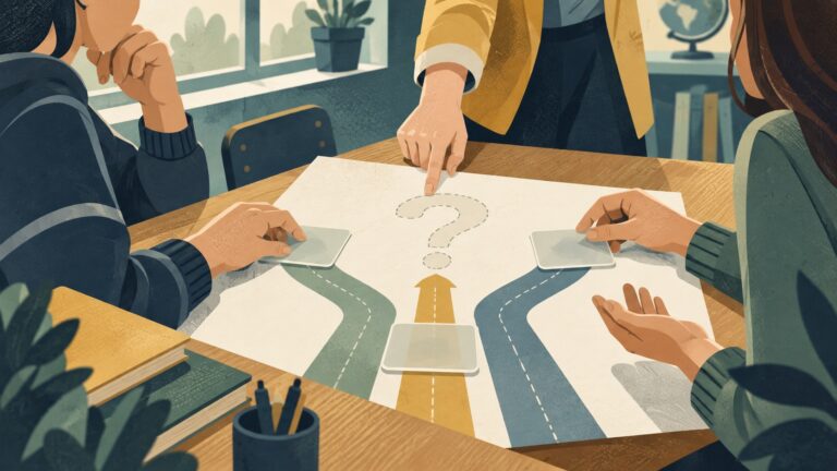 Karar verme etkinliği sırasında üç seçenekli yol çizimi üzerinde konuşan öğrencilerin elleri