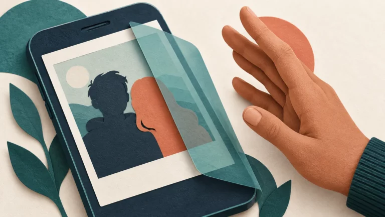 Ekrandaki iki kişinin fotoğrafını yarı saydam katmanla örten telefon ve yanında bekleyen el.