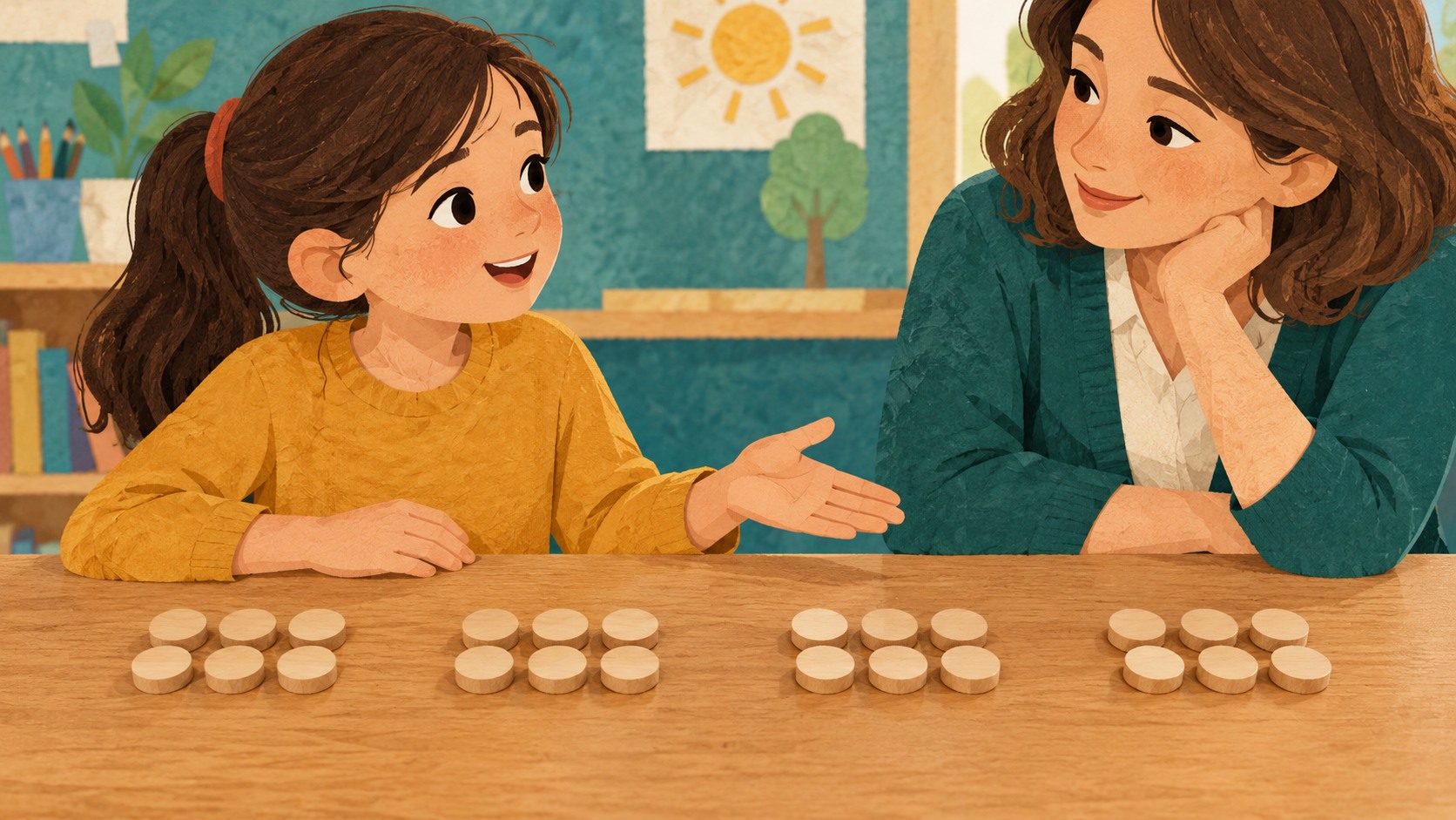 Dört eşit gruptaki ahşap sayaçları göstererek çözümünü öğretmenine açıklayan öğrenci