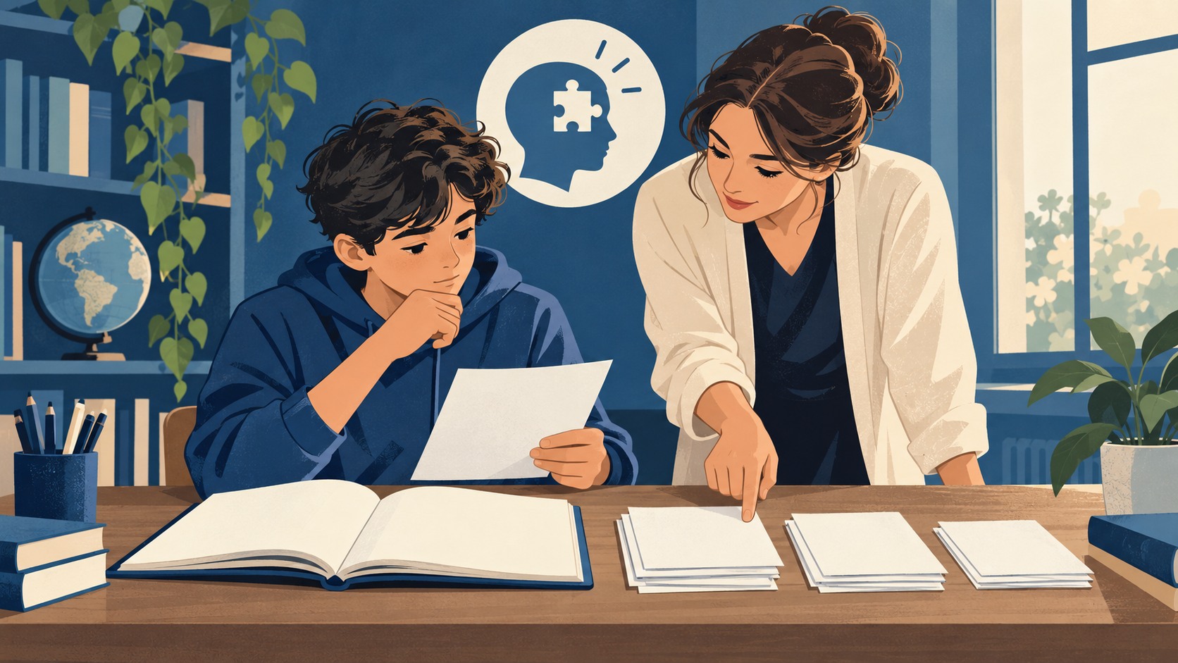 Öğretmeniyle alıştırma kâğıtlarını ve defterini inceleyen öğrenci