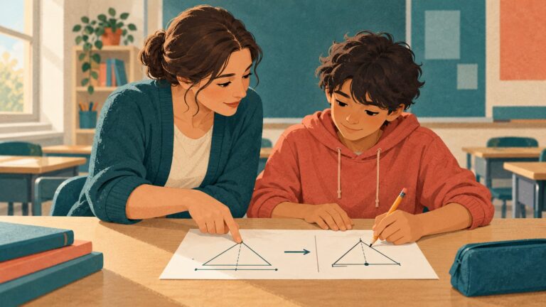 Öğretmen ve öğrenci, bir çalışma kâğıdındaki ilk deneme ile düzeltilen bölümü birlikte inceliyor.